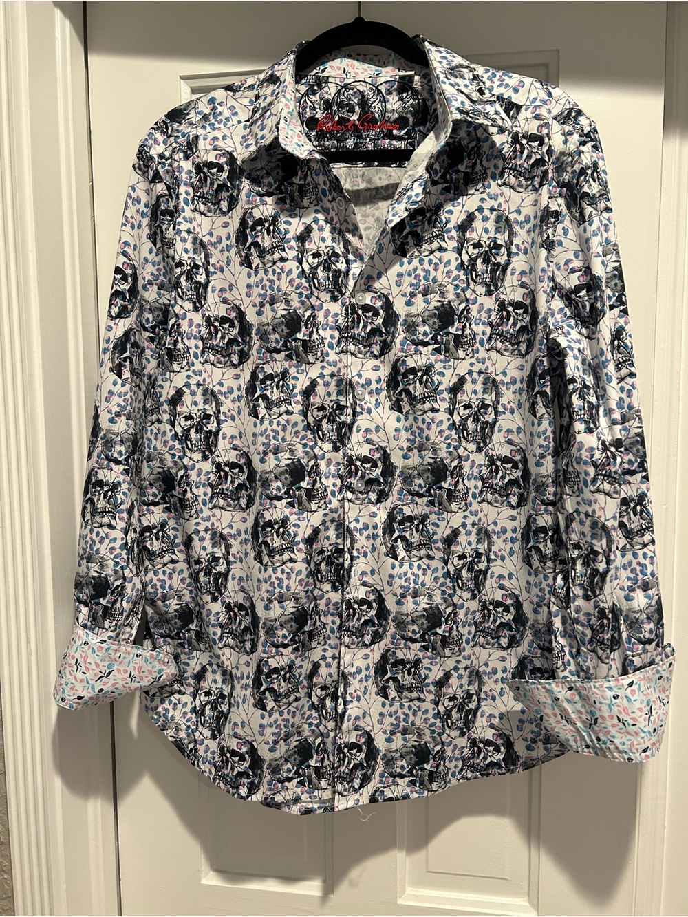 Robert Graham White Button-Down Shirt with Black Skull Print and Blue Accents
